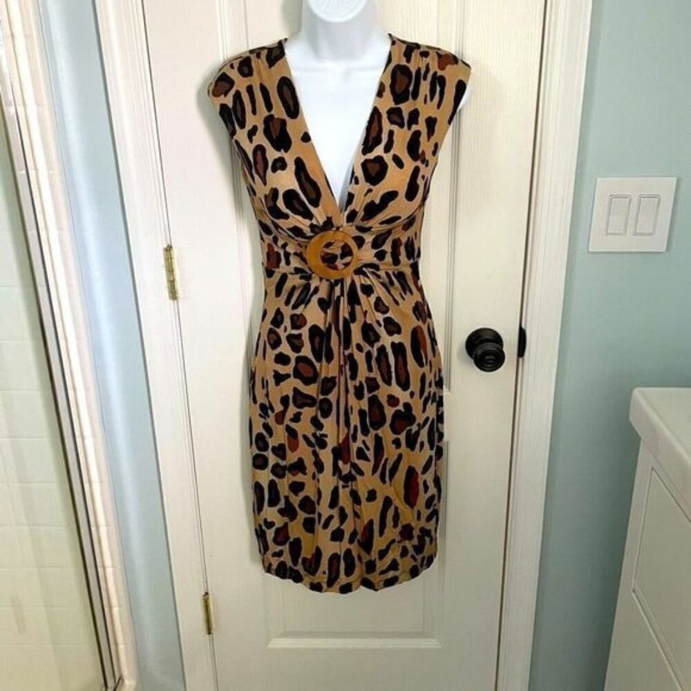 Y2K Caché Dress 6 Leopard Plunge Neck Ring Belt Old Hollywood Femme Fatale